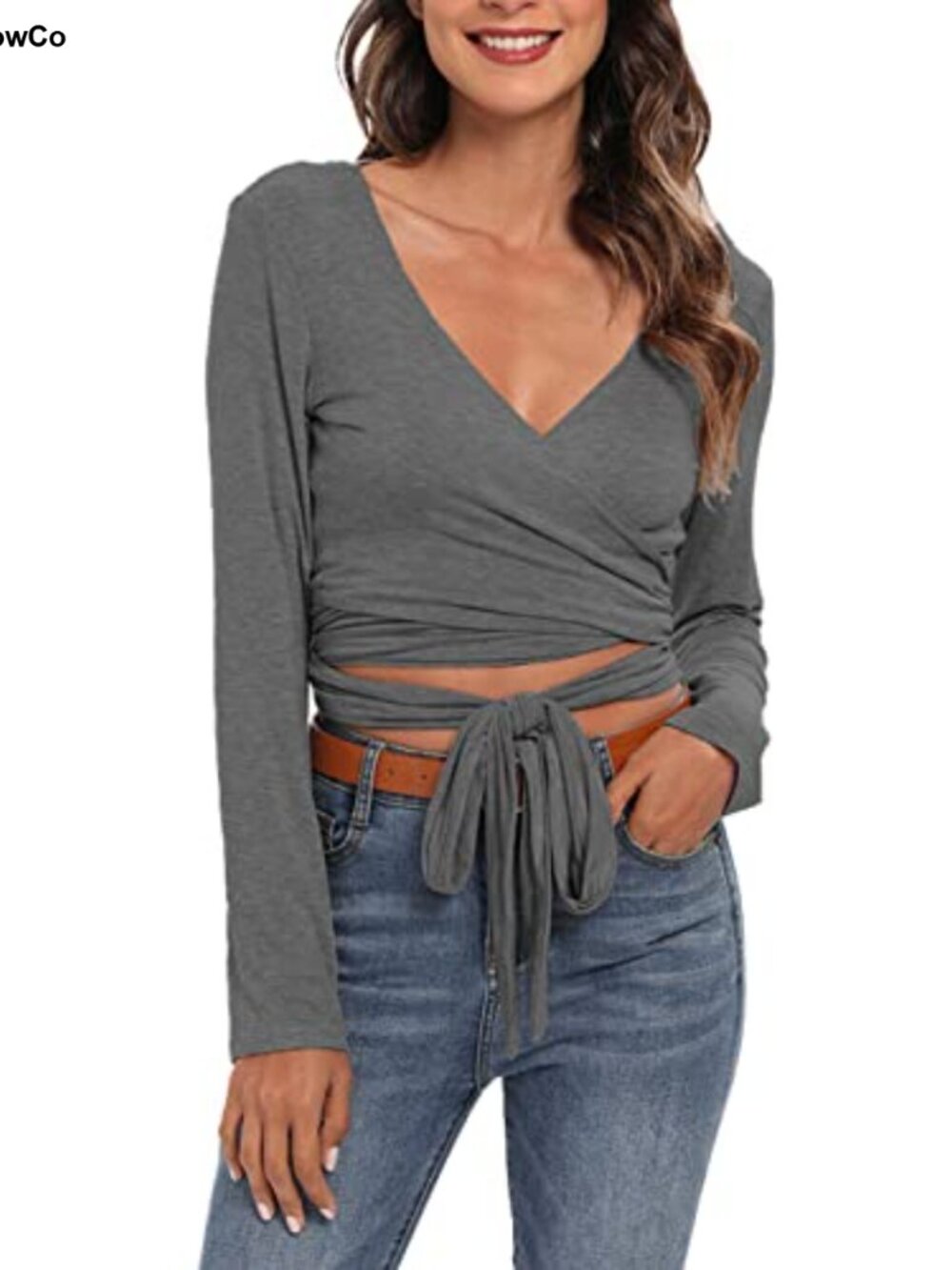 Women's Deep V Neck Surplice Wrap Crop Top Long Sleeve Slim Fit Pullover